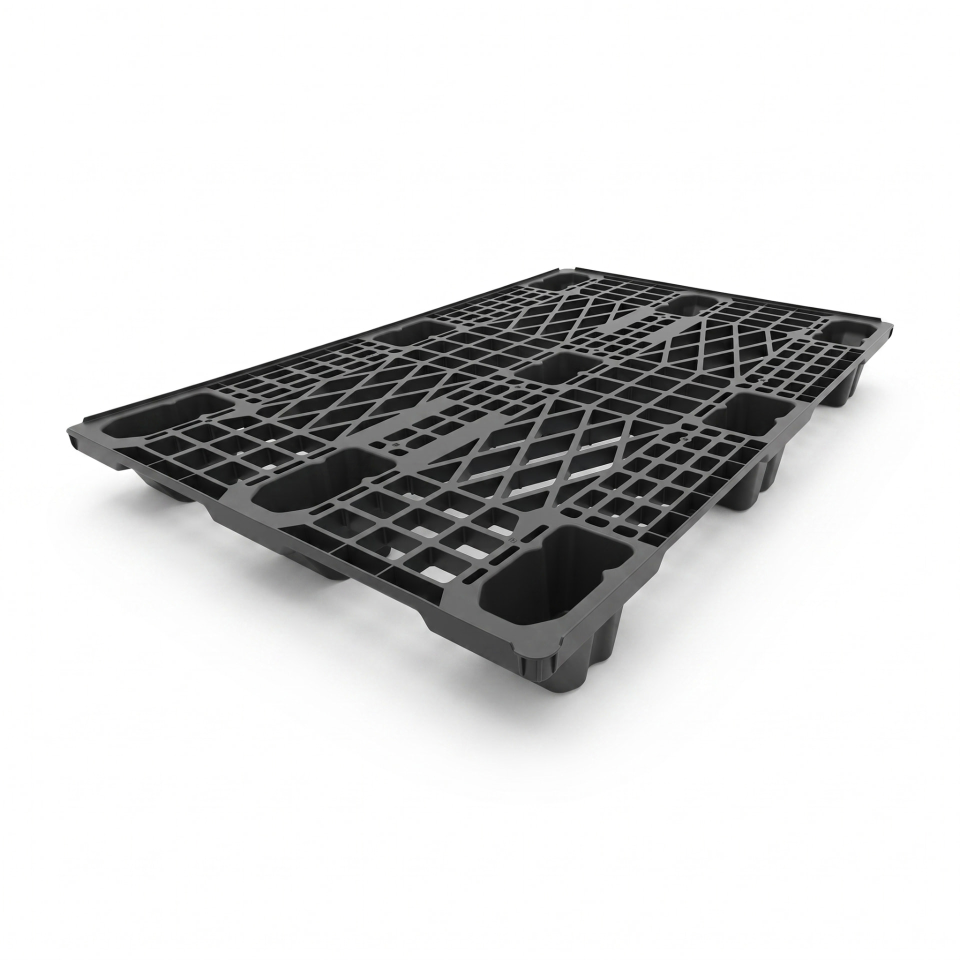 Exporta 01-NP1280PRE nesting plastic pallet, 1200 x 800 x 128 mm, diamond-braced open deck panels on nine nesting feet — reference-led AI illustration of the documented model design, not a stock photograph or dimension-certified