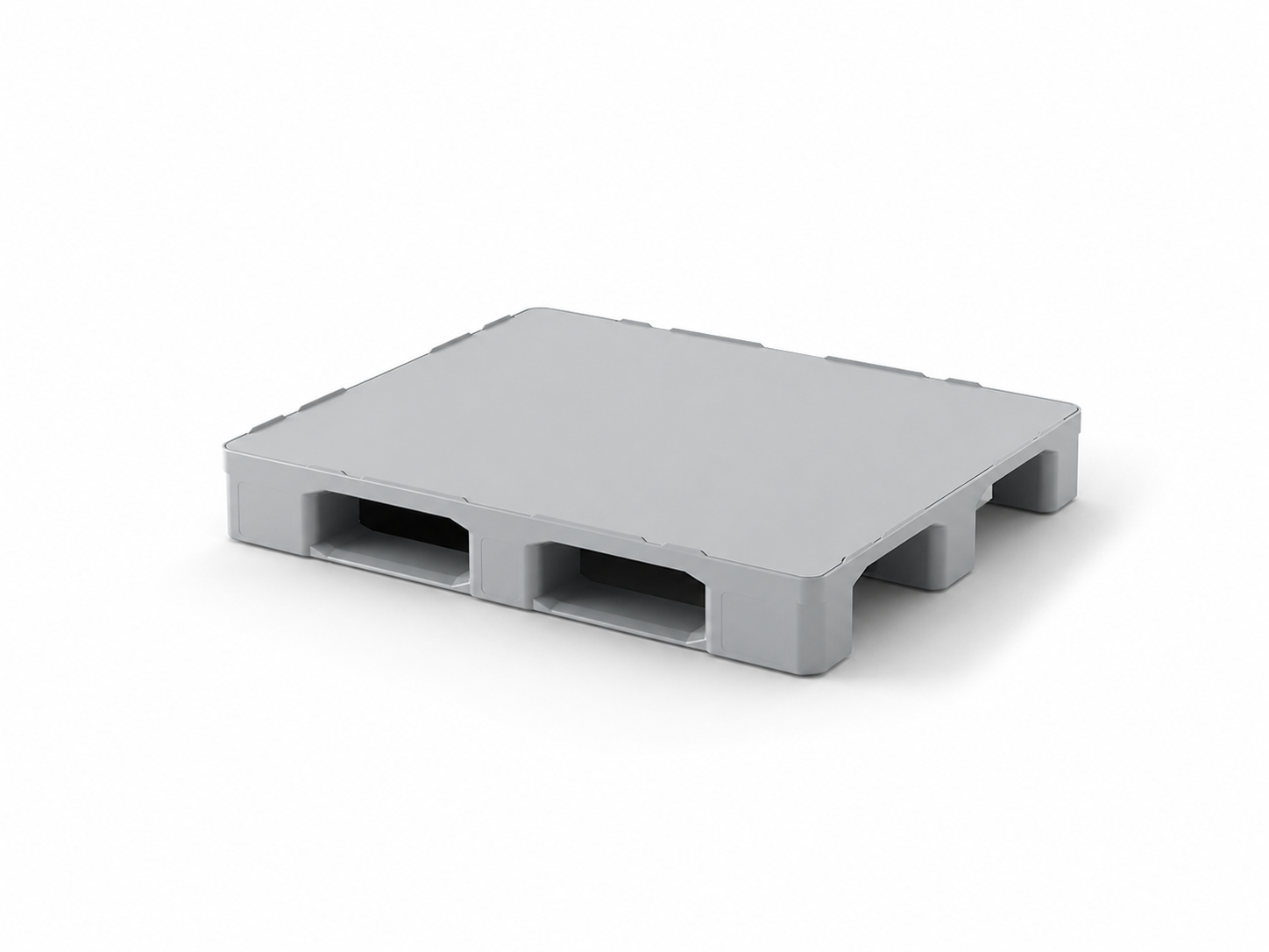 Cabka 1041.117.12B closed-deck plastic pallet, 1200 x 1000 x 160 mm, three runners with a 6.5 mm rim — reference-led AI illustration of the documented model design, not a stock photograph or dimension-certified