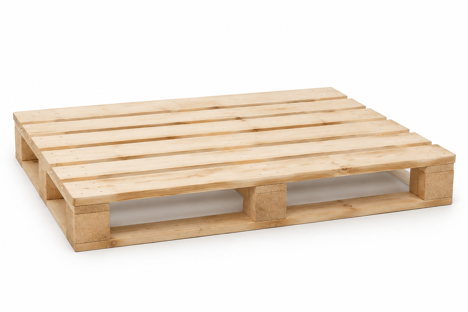 Made-to-order wooden pallet, softwood deck boards on blocks and bottom bearers — representative reference illustration of custom construction, not a stock photograph or dimension-certified