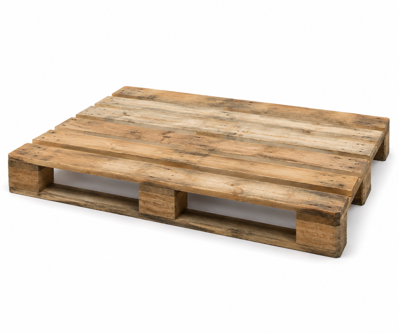 Used UK standard wooden pallet 1200 x 1000 mm, three-quarter view