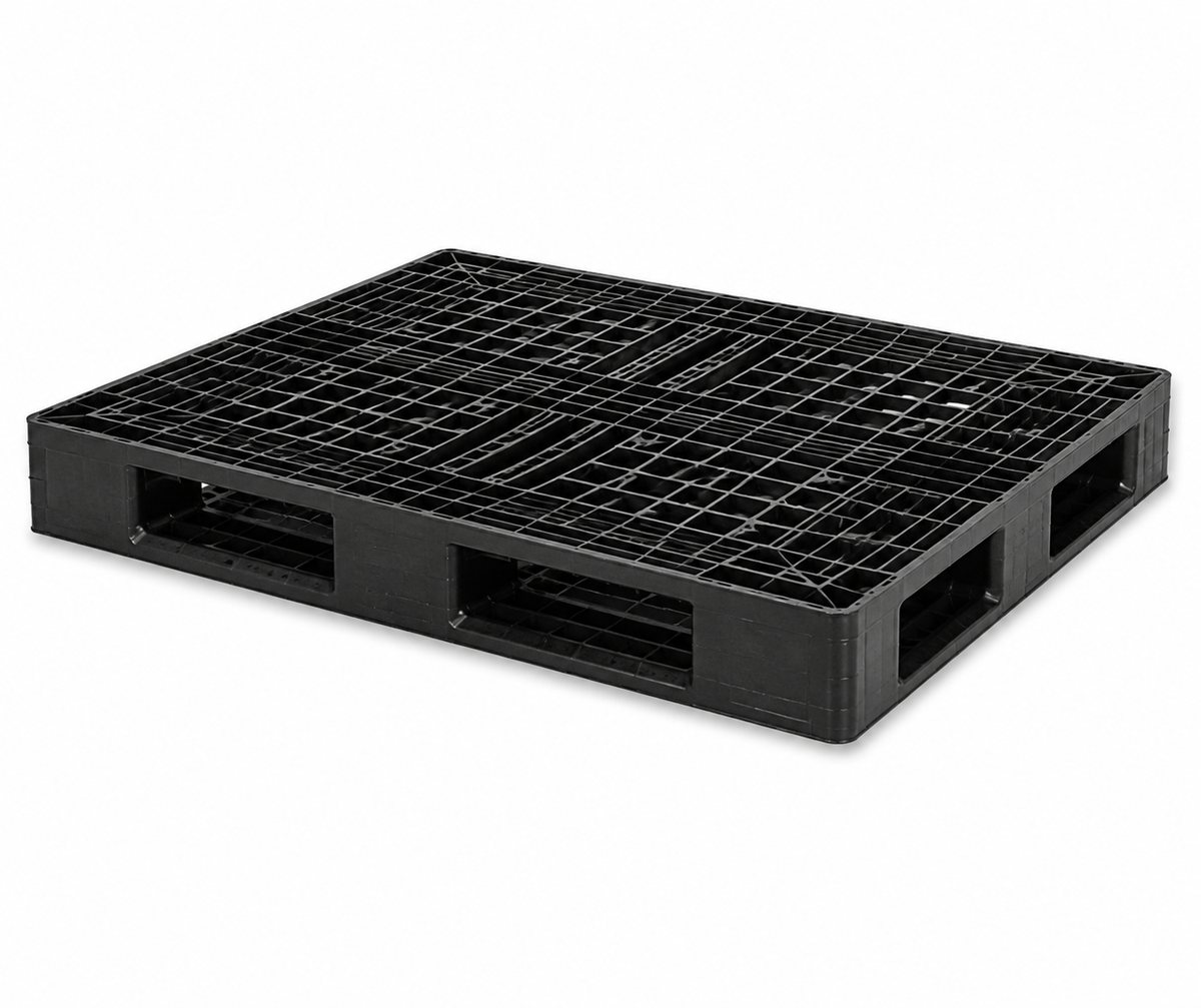 Grid-deck plastic pallet 1200 x 1000 mm, three-quarter view