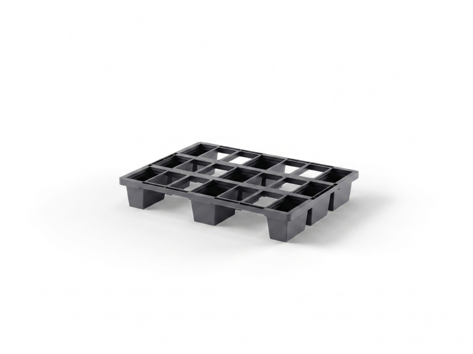 Cabka 1011.151013 nestable plastic pallet, 800 x 600 x 120 mm, sparse rectangular grid deck on nine feet — reference-led AI illustration of the documented model design, not a stock photograph or dimension-certified